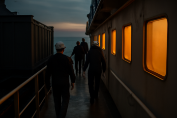 Ilustrasi suasana dek kapal kargo dengan awak berjalan di lorong sempit saat senja.