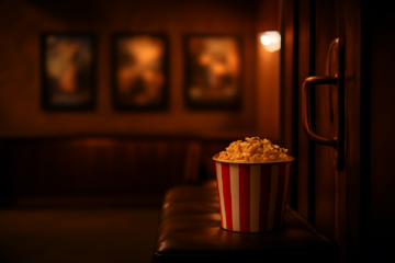 Lobi bioskop malam hari dengan poster film dan ember popcorn di bangku kulit
