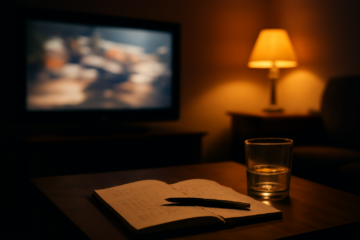 Ruang tamu remang dengan catatan perbandingan film di meja saat menonton aksi-komedi malam hari