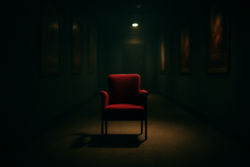 Kursi merah di lorong bioskop dengan pencahayaan dramatis, metafora antagonis karismatik dalam film aksi-komedi