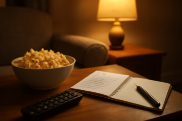 Sudut ruang menonton dengan remot, popcorn, dan catatan judul film di atas meja kayu