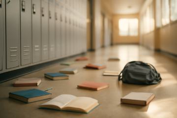 Koridor sekolah dengan buku berserakan dan tas ransel, menggambarkan kekacauan dalam adegan aksi-komedi